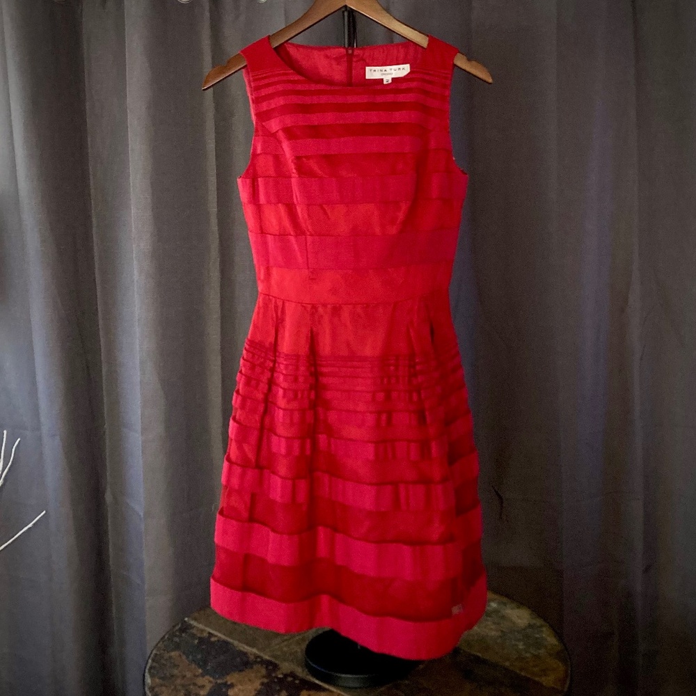 =^.^= Trina Turk Red Satin and Mesh Fit Flare Dress Valentines Party Cocktail 2